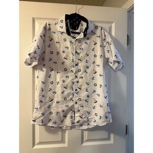 IC Collection Mens White Nautical Anchor Sailboat Short Sleeve Button‎ Down L